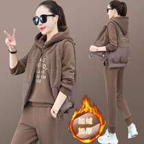 Hong Kong fleece sports suit womens autumn and winter new fashionable foreign chiffon thickened sweatshirt casual three-piece set