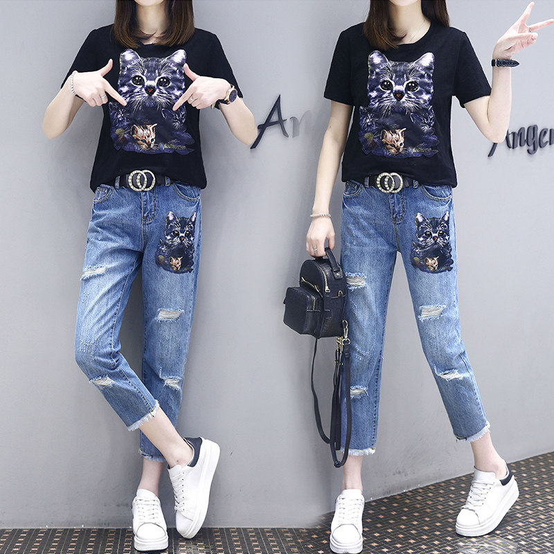 Hong Kong 2020 Summer women's new short sleeves T-shirt Broken Hole Kharen Pants 90% Jeans Two-piece Suit