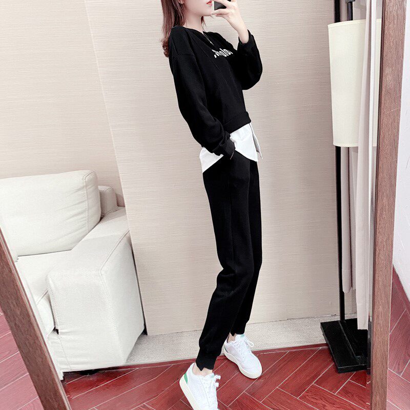Hong Kong women's spring and autumn 2021 new leisure sports splicing thick T-shirt fashion foreign display slim two-piece style suit