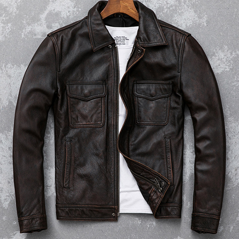 First layer cowhide vintage old leather leather men's short slim biker jacket Large size lapel men's sale