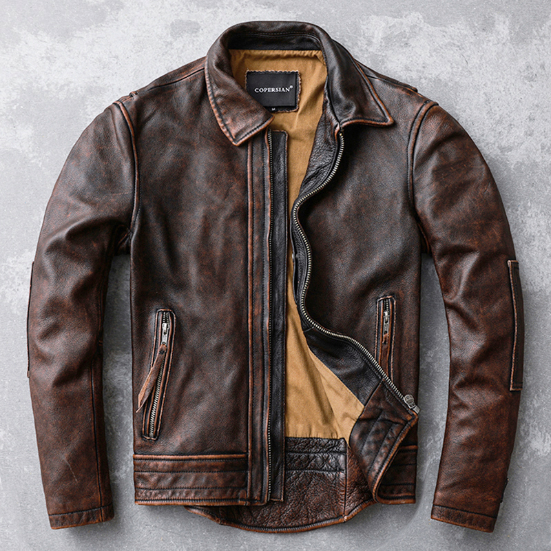 Vintage Distressed First-Layer Cowhide Genuine Leather Jacket for Men, Red-Brown Youth Jacket, Biker Jacket, Slim Fit Lapel