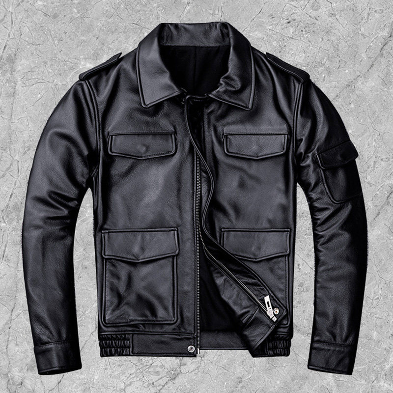 Real Leather Leather Clothing Male headlining Bull Leather Turnover short Hunting Multiple Pockets Pure Leather Jacket Locomotive Single Coat