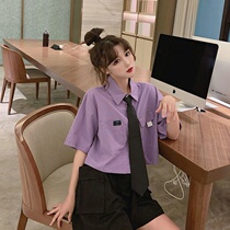 2020 summer college style short-sleeved shirt female student Korean version loose retro Hong Kong style frock shirt short section on 