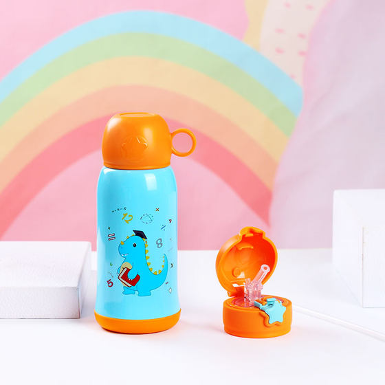 Children's thermos cup with straw, dual-use kettle, kindergarten student baby stainless steel cartoon leak-proof and anti-fall water cup