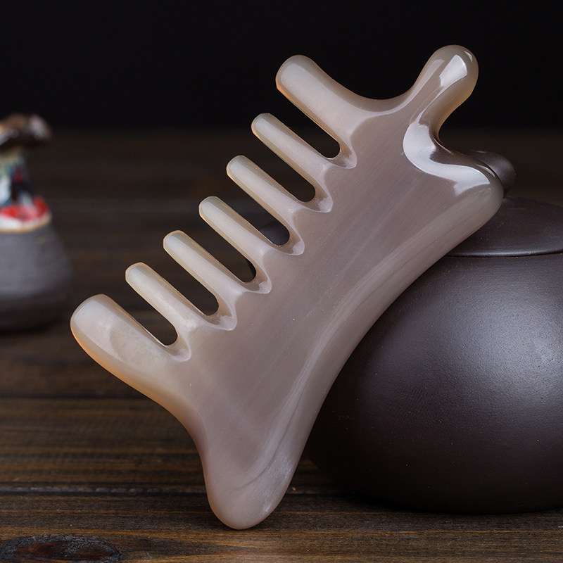 Natural White Buffalo Horn Multifunction Comb Facial Scraping Plate Dredge Head Breast Meridians Massage Wide Teeth Comb