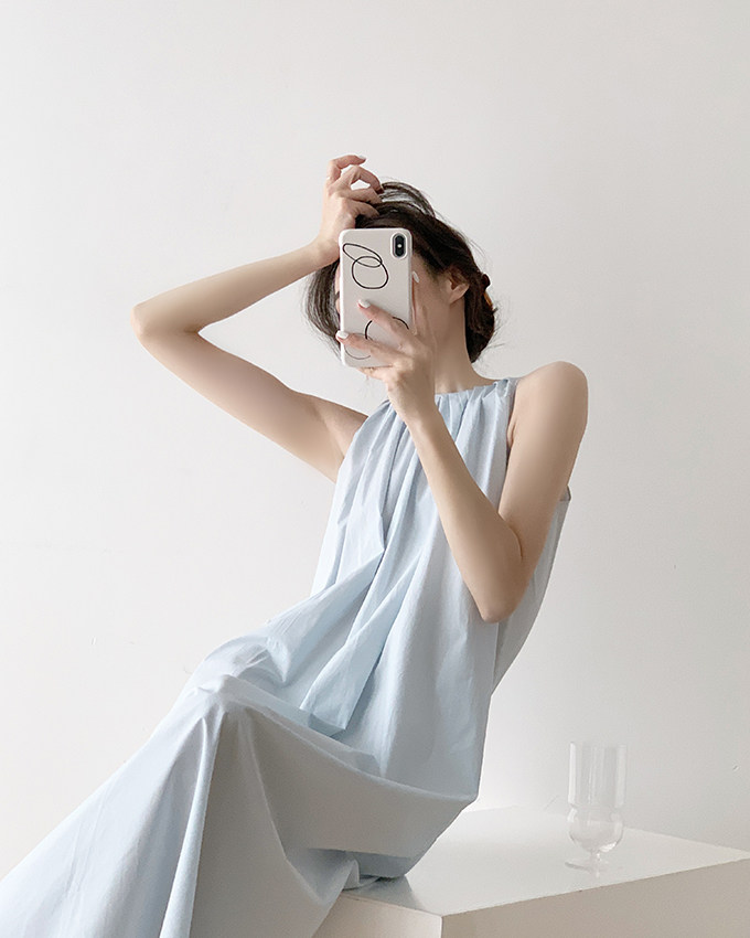 挂脖无袖连衣裙女度假宽松蓝色裙子法式复古吊带裙长裙高级感夏装详情21