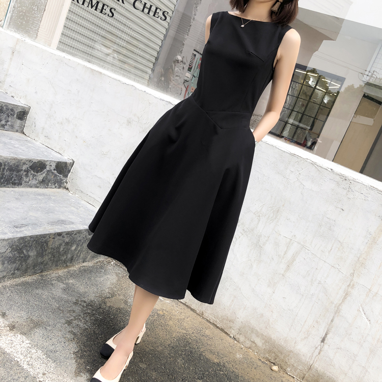Herbenwind black sleeveless collection waist retro little black dress with large swing over knee long version of high waist conspicuy slim fit women summer