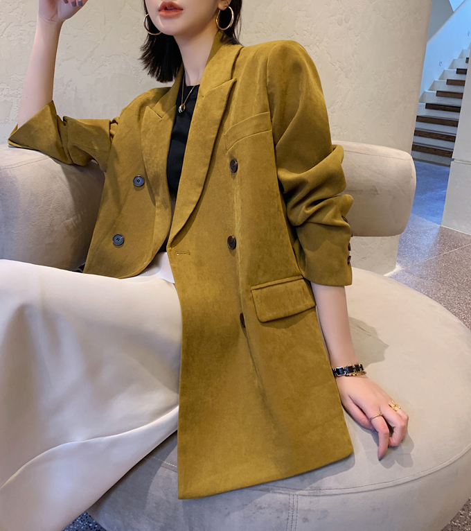 Retro mustard green featured small suit female niche design Korean version casual British style double-breasted suit jacket