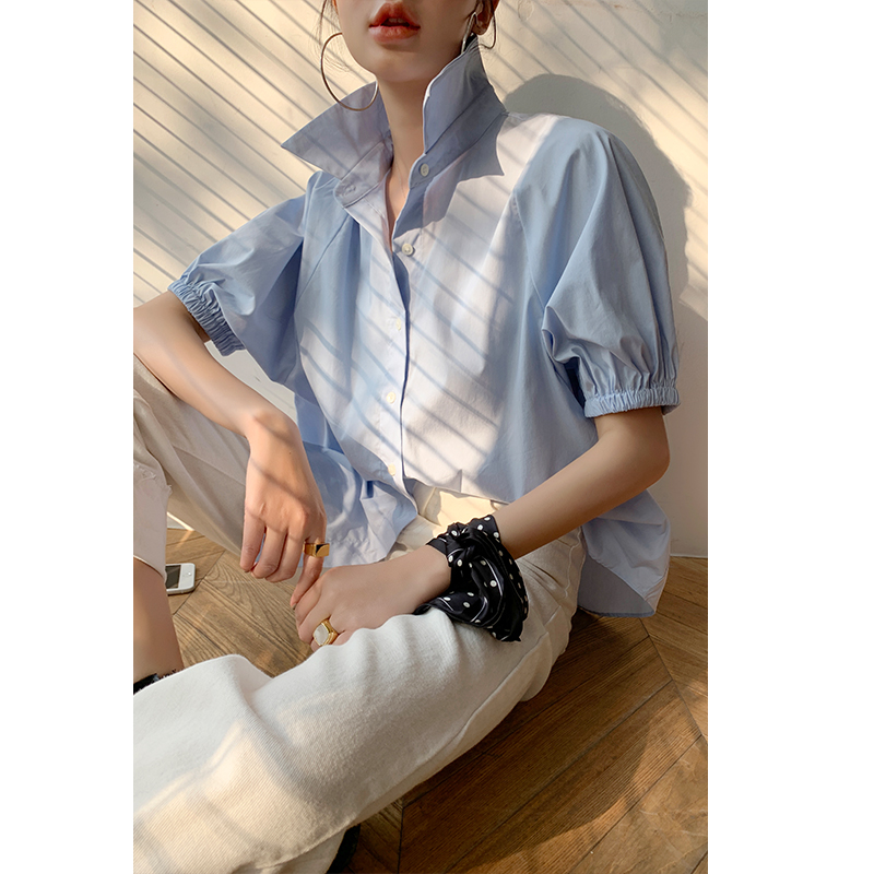 Retro design sense niche bubble short sleeve blue and white shirt lapel loose literary fresh quality top female summer