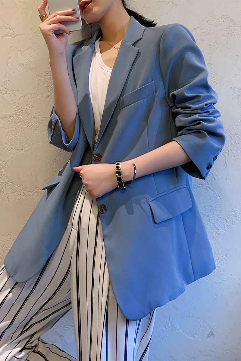 6-fold retro-foggy blue suit jacket female design sensation Little Korean version easy Inn Wind long sleeve casual Western suit