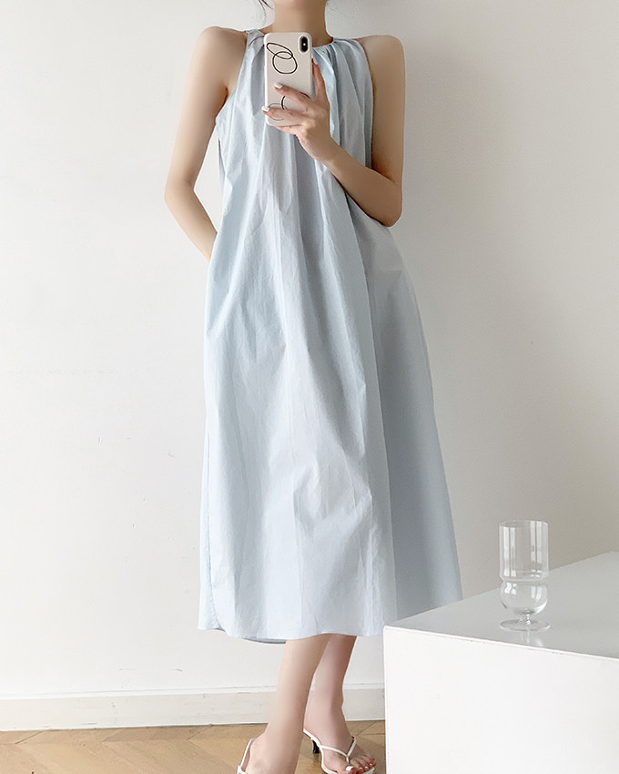 挂脖无袖连衣裙女度假宽松蓝色裙子法式复古吊带裙长裙高级感夏装详情29