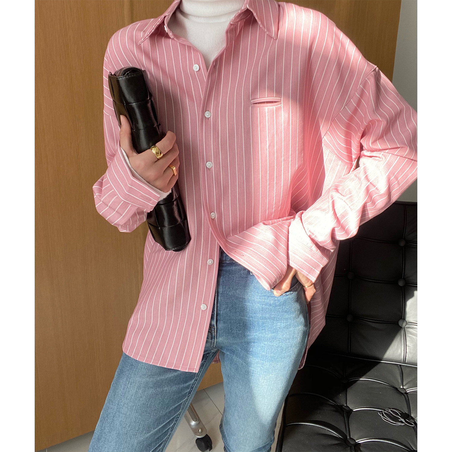 Design Sensation Pink White Striped Oversize Long Sleeve Shirt Woman Loose Chic Retro Blouse 2021 Spring