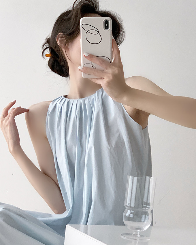 挂脖无袖连衣裙女度假宽松蓝色裙子法式复古吊带裙长裙高级感夏装详情20