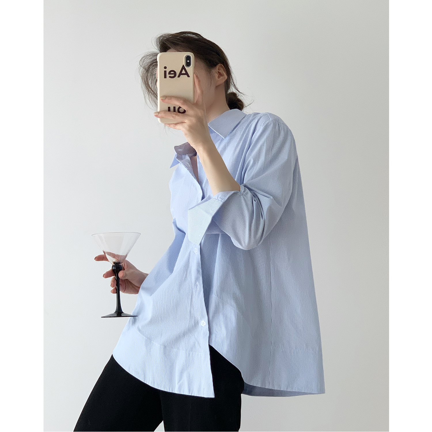 Blue Striped Shirt Woman Spring Summer Design Sensation Small Crowd Asymmetry Blouse Loose lazy wind Long sleeves Salt Tie Shirt