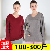 Female summer Spring and Autumn Home Leisure cotton plus fat large size loose soft soft high elastic V collar long sleeve home clothing top