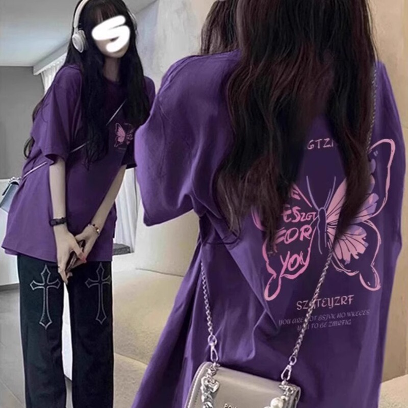 Plus Size 150kg Pure Cotton Purple Design Butterfly Large Size Short-Sleeve T-Shirt for Women, American Retro Half-Sleeve Top