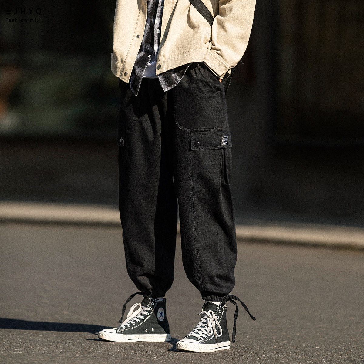 Purifying Eyeball Homemade Work Pants Male Tide Cards Loose straight cylinder Two-wearing Rope Beam-Casual Sports Broadlegged Pants Men