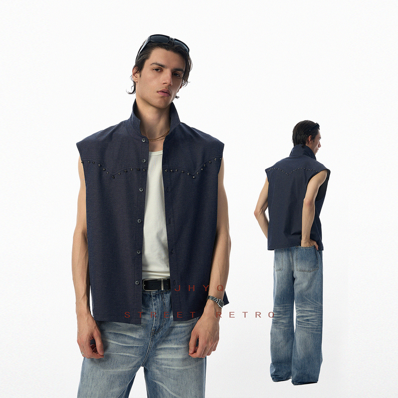 Jhyq American Casual Studded Sleeveless Shirt for Men, Western Cowboy Style Stand-Up Collar Vest, Stylish Loose Outerwear Vest Jhyq American Casual Studded Sleeveless Shirt for Men, Western Cowboy Style Stand-Up Collar Vest, Stylish Loose Outerwear Vest