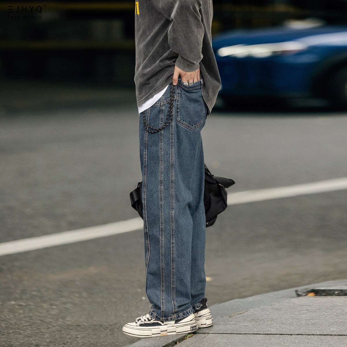 Purify eyeball autumn jeans male loose straight pants retro-water wash blue pop broad leg pants