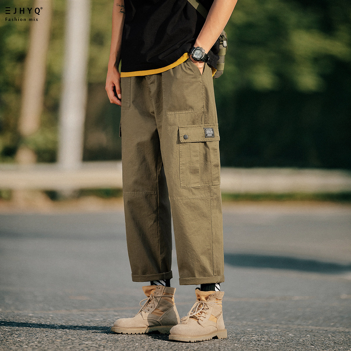 Purify the eye Homemade thin slub cotton overalls men's straight loose tide brand casual nine-point army green pants