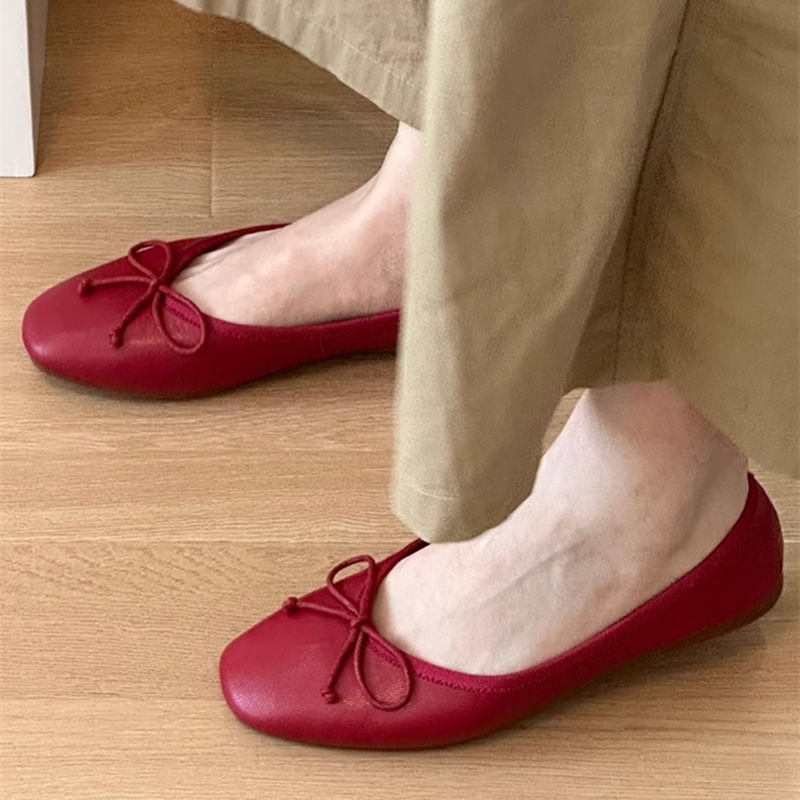 Genuine Leather Flat Ballet Shoes with Bow, Women's French Retro Style Small Red Shoes, Flat Soft Leather Shallow Mouth Single Shoes, Boat Shoes