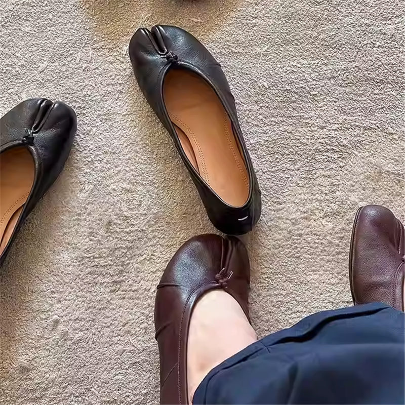 Rean Vivion Niche Genuine Leather Split-Toe Ballet Shoes Shallow Flat Mary Jane Shoes for Women