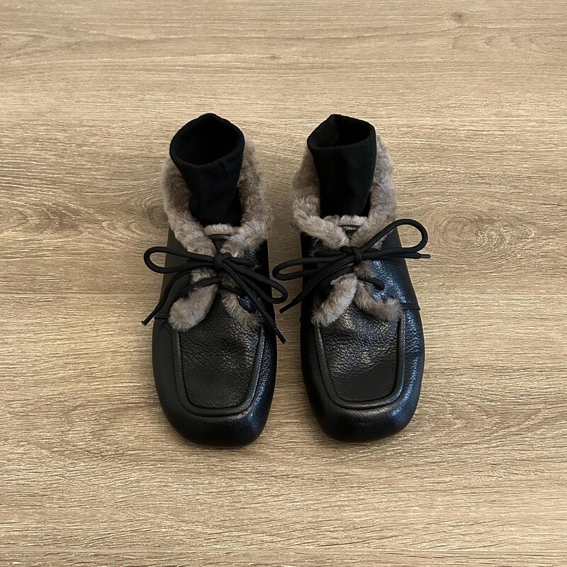 Thickened Lamb Wool Flat Leather Shoes, New Autumn and Winter Round-Toe Deep-Cut Women's Shoes, Comfortable Loafers, Warm Cotton Shoes