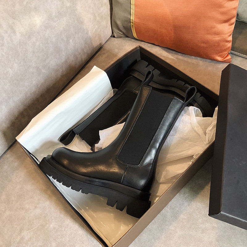 mona same style leather Chelsea boots casual British style thick-soled Martin boots women's all-match round toe slim short boots trendy