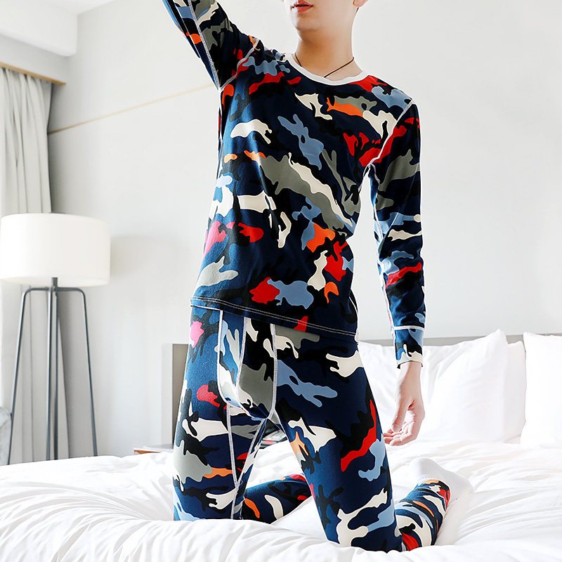 Men's autumn clothes sanitary pants printed men's suit cotton youth basic round neck thin bottoming heat pants suit