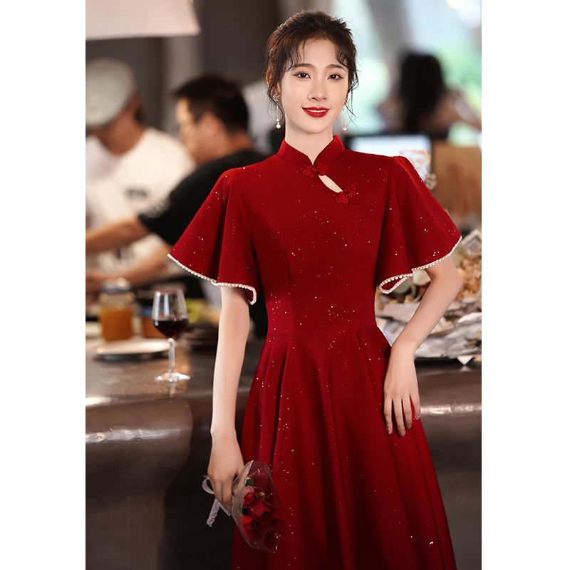 Red Toast Dress for Bride 2023 New Wedding Dress Banquet Evening Dress with Ruffled Sleeves Engagement Homecoming Slim Fit for Women