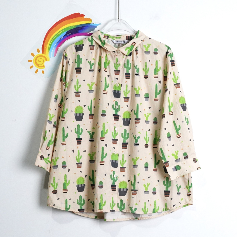 Japanese Original Single-Order Pure Cotton Cactus Print Blouse, Three-Quarter Sleeves, Turn-Down Collar, Thin Shirt, Bust 116, Length 64 Japanese Original Single-Order Pure Cotton Cactus Print Blouse, Three-Quarter Sleeves, Turn-Down Collar, Thin Shirt, Bust 116, Length 64