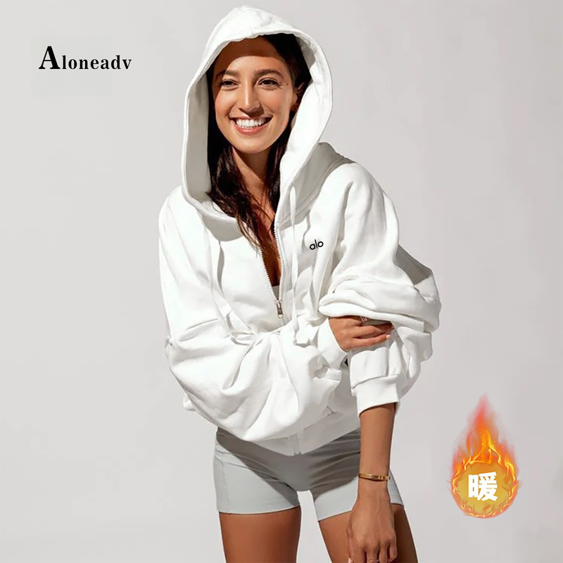 Aloneadv American-Style Yoga Jacket for Women, Autumn and Winter Fleece-Lined Short Hooded Sweatshirt, Sports Long-Sleeved Knitted Top