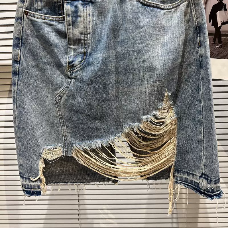 2022 New Denim Package Hip Skirt Women Summer Fashion High Waist Ripped Washed Jeans Skirt Asymmetry Loose Short Skirts Female crop top with skirt