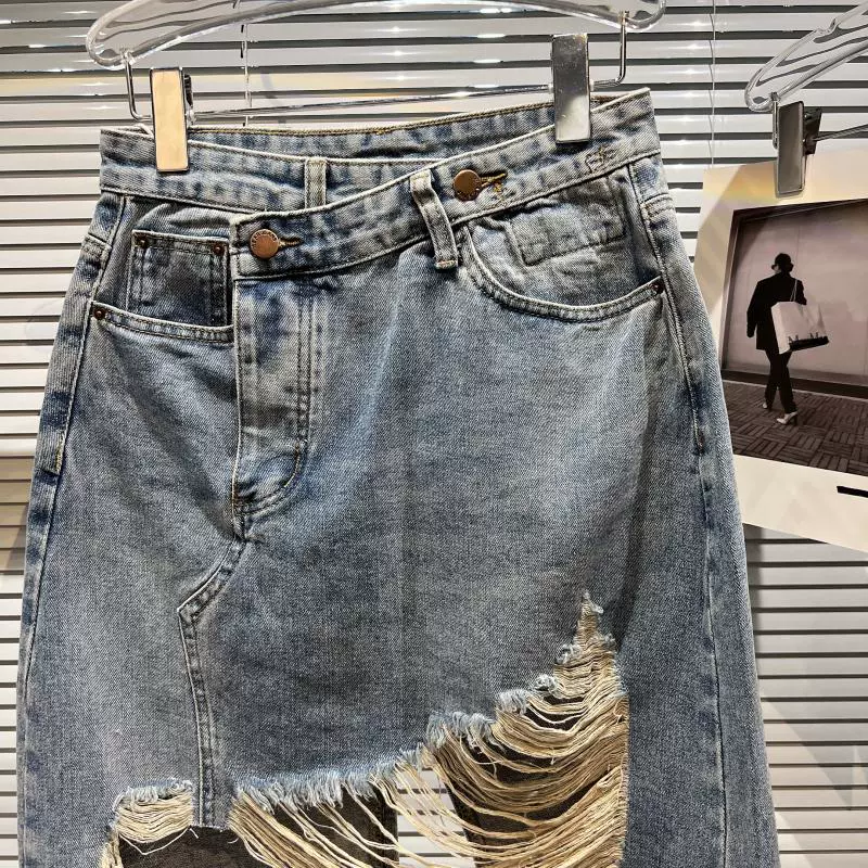 2022 New Denim Package Hip Skirt Women Summer Fashion High Waist Ripped Washed Jeans Skirt Asymmetry Loose Short Skirts Female crop top with skirt