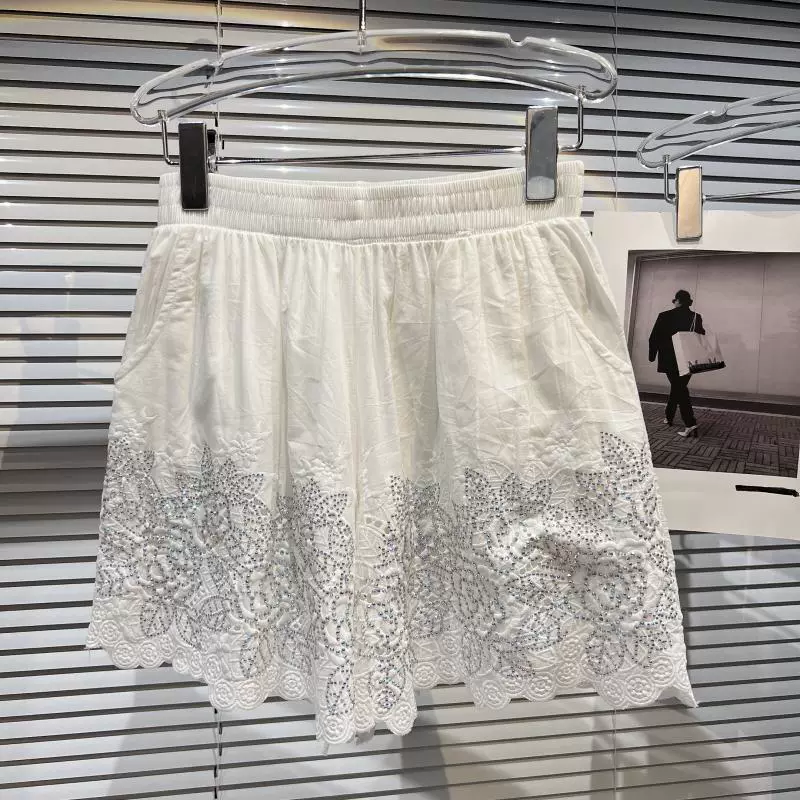 soffe shorts Flower Embroidery Shorts Women Fashion Diamond High Waist Wide Leg Pants Female Elastic Waist Casual Loose Summer Sexy Shorts maternity shorts