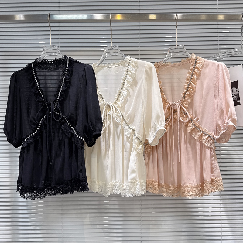 Trendy 2026 Summer New French-Style Socialite V-Neck Rhinestone-Trimmed Tie Waist Short-Sleeve Chiffon Blouse
