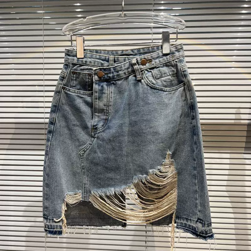 2022 New Denim Package Hip Skirt Women Summer Fashion High Waist Ripped Washed Jeans Skirt Asymmetry Loose Short Skirts Female crop top with skirt