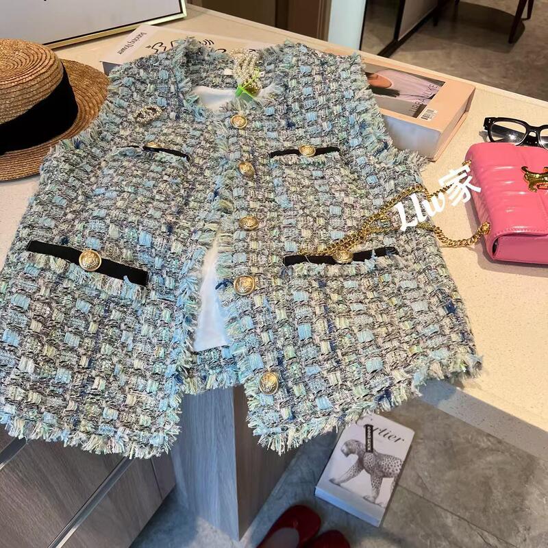 Blue-Green Wool ~ Mid-Length Tweed Woven Chanel-Style Vest 2026 Spring New Sleeveless Waistcoat
