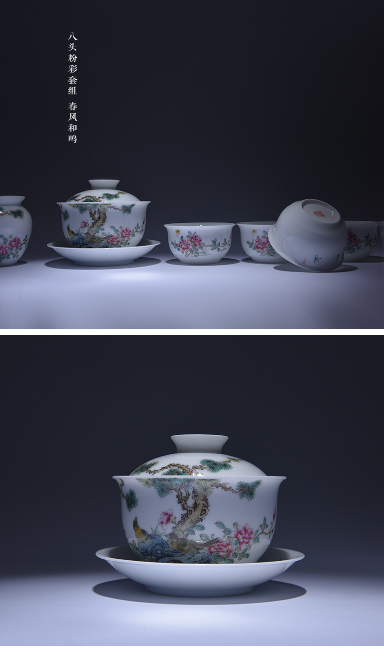 Cheng DE xuan jingdezhen ceramic kung fu tea set suit pure manual set of 8 head powder enamel spring breeze offerings