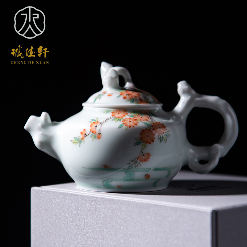 Cheng DE xuan high - grade fine hand - made kung fu tea set of jingdezhen ceramics powder enamel kettle 51 jade white flowers red