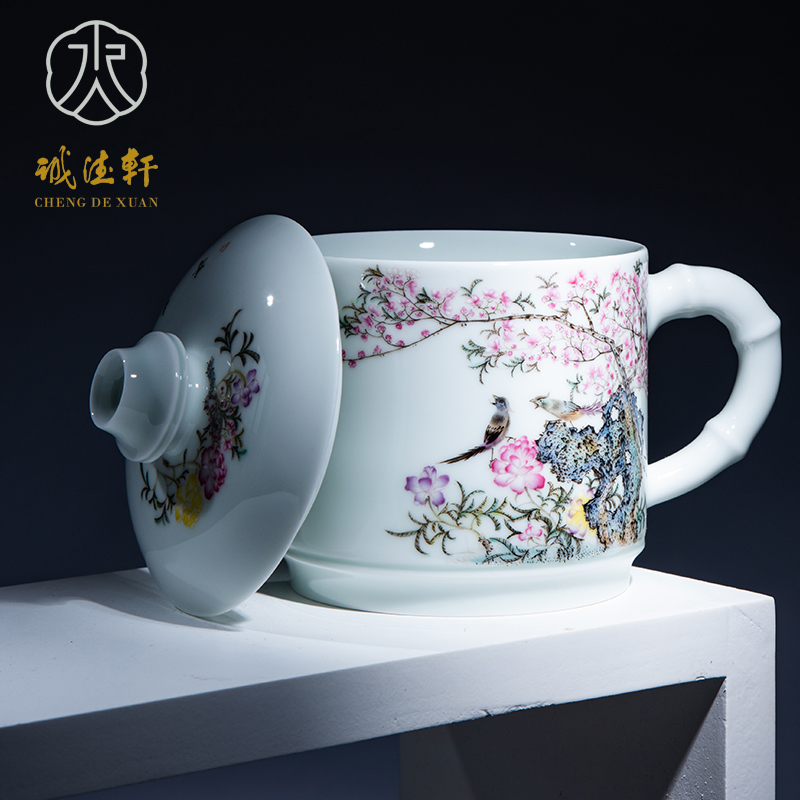 Cheng DE xuan jingdezhen pastel pure hand - made with cover cup home office cup high - grade 2 CPU cool lotus