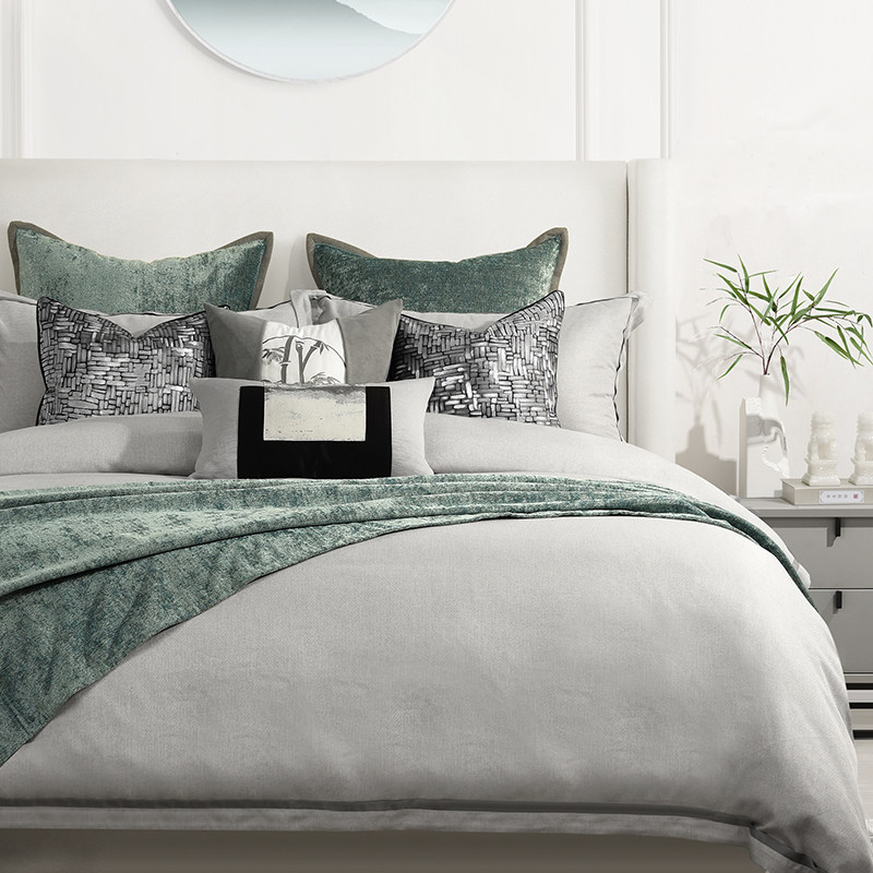 New Chinese Green Grey-style Bed Room Bedding Upscale Villa Hotel Modern Prototype Interbed Pint Light Extravaganza