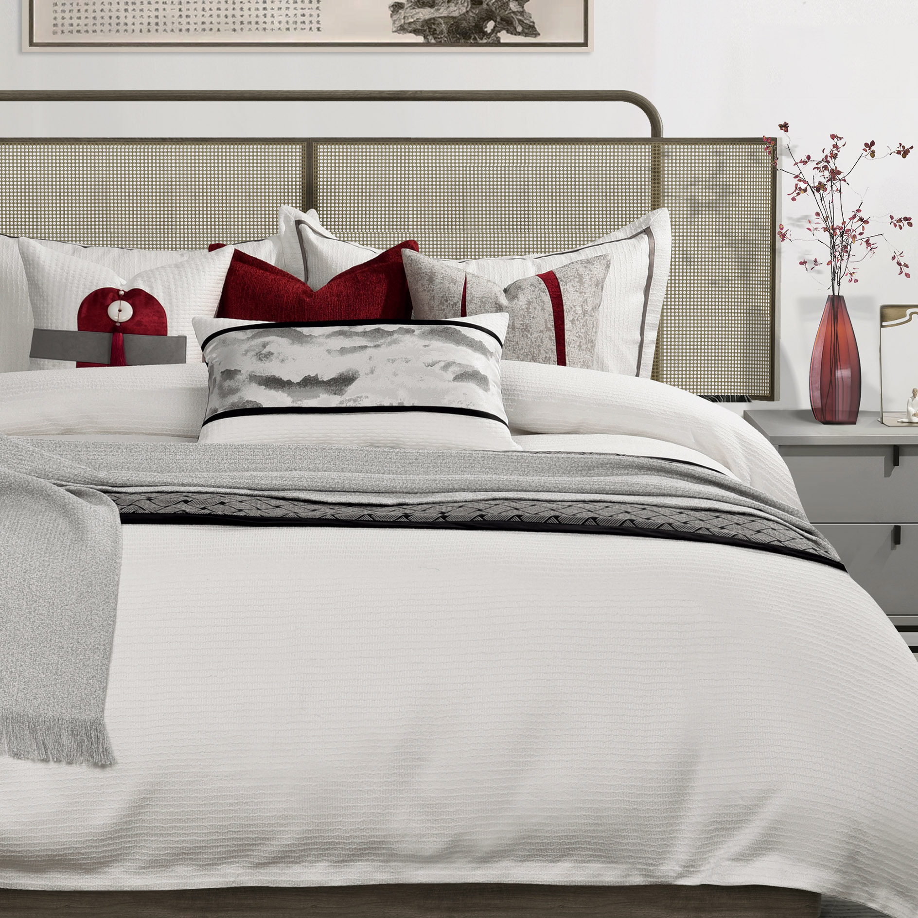 Gray-red new Chinese-style high-end exhibition hall model room bedding light luxury soft decoration model room bedding blanket pillow