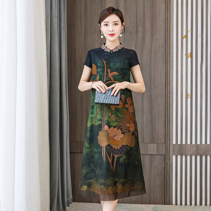 2021 new temperament short-sleeved silk fragrant cloud yarn dress female summer loose high-end mulberry silk women's long skirt