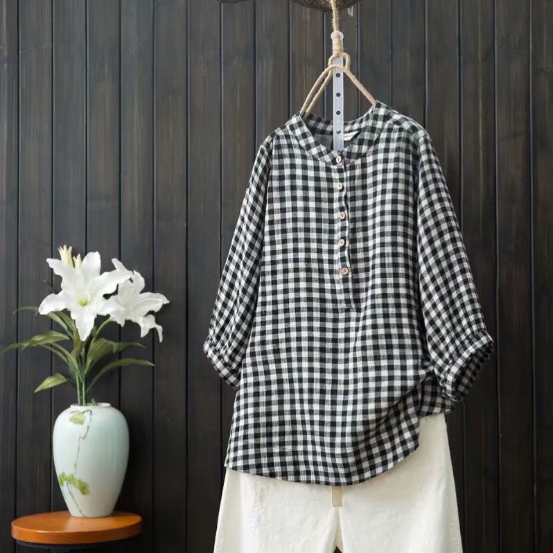 Áo len tay áo đôi kẻ sọc cotton nữ áo thun cotton nữ áo thun rộng kích thước lớn cotton và áo sơ mi vải lanh nữ phiên bản Hàn Quốc - Áo sơ mi áo sơ mi vải lụa