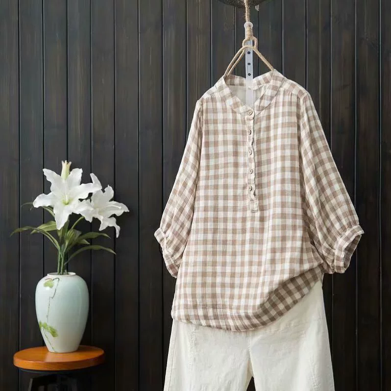 Áo len tay áo đôi kẻ sọc cotton nữ áo thun cotton nữ áo thun rộng kích thước lớn cotton và áo sơ mi vải lanh nữ phiên bản Hàn Quốc - Áo sơ mi áo sơ mi buộc nơ
