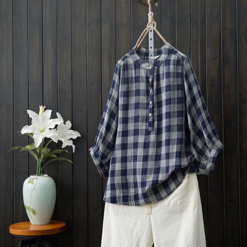 Áo len tay áo đôi kẻ sọc cotton nữ áo thun cotton nữ áo thun rộng kích thước lớn cotton và áo sơ mi vải lanh nữ phiên bản Hàn Quốc - Áo sơ mi áo sơ mi vải lụa