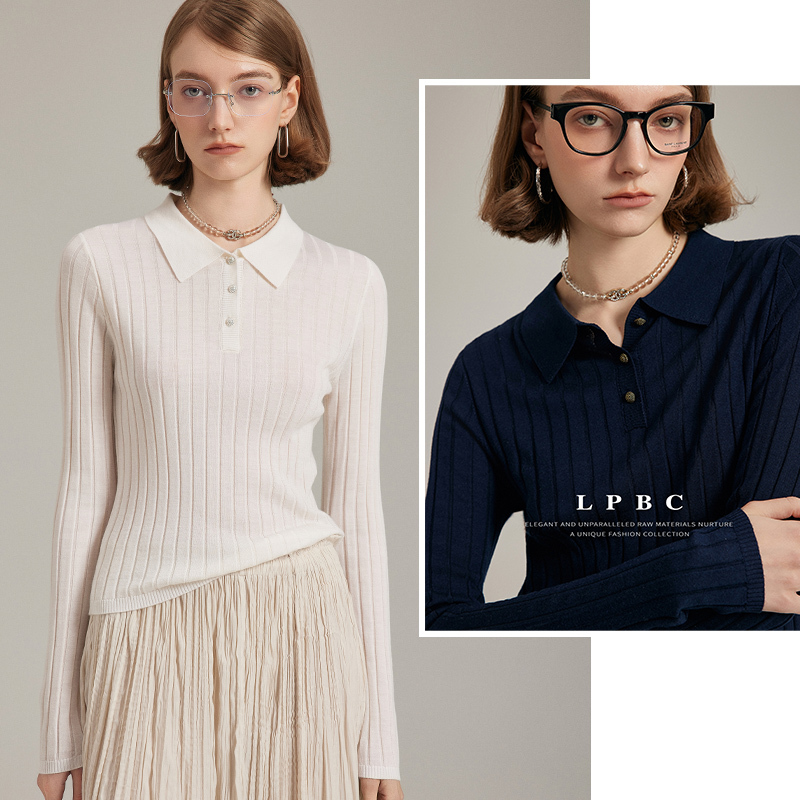Lpbc Elegant Commuting Merino Wool + Mulberry Silk Cooling Wool Striped Slimming Polo Collar T-Shirt Lpbc Elegant Commuting Merino Wool + Mulberry Silk Cooling Wool Striped Slimming Polo Collar T-Shirt