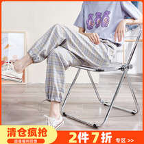 Tang Shi spring and summer new casual pants womens loose plaid wide-leg pants straight drawstring corset trousers ins fashion