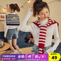 Tang Shi spring clothes new sweater womens shoulder insulation scarf scarf neck stripe outer with fake collar Korean version fashion cool